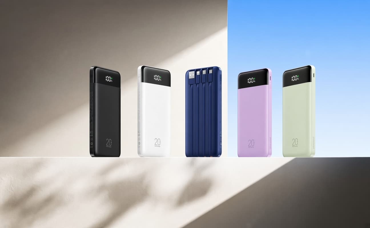 Las cinco baterías W2089 de pie una al lado de la otra: negra, blanca, azul marino, lila y verde salvia